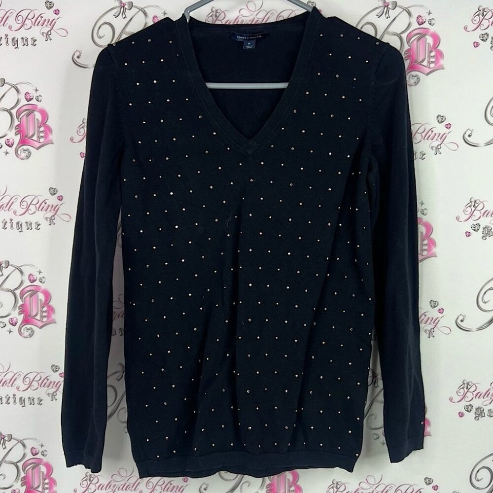 Tommy Hilfiger studded rhinestone gold dotted Black Sweater